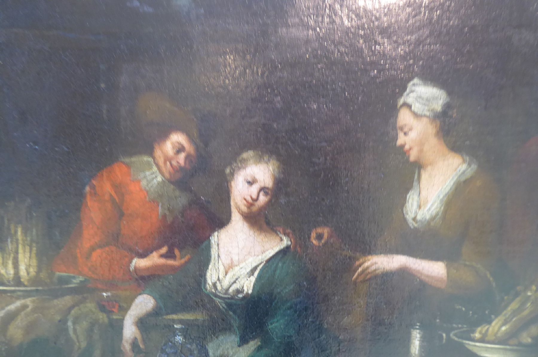 Detail c: Zuschreibung: Nicholas Maes, 1634-1693, Bei der Gemüsehändlerin, Öl/Lwd, restauriert, doubliert, ca. 56x48cm, R. ca. 76x68cm