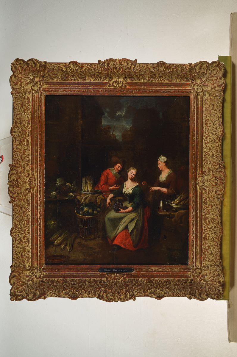 Detail k: Zuschreibung: Nicholas Maes, 1634-1693, Bei der Gemüsehändlerin, Öl/Lwd, restauriert, doubliert, ca. 56x48cm, R. ca. 76x68cm
