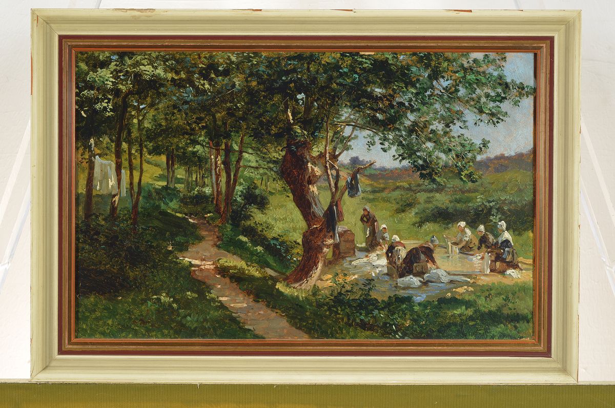 Detail k: Unbekannter Künstler, um 1900, Wäscherinnen aus der Bretagne Frankreich, so rückseitig betitelt, Öl/Lwd, unsigniert, ca. 30x48cm, R. ca. 36x54cm