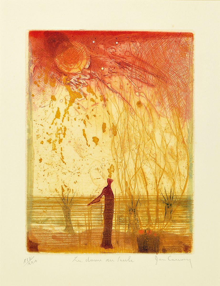 René Carcan, 1925 Brüssel-1993, zwei Farbradierungen aus der Serie Reminiscence etrusque, der Kavalier der Nacht und Die Frau im Wald, beide ...