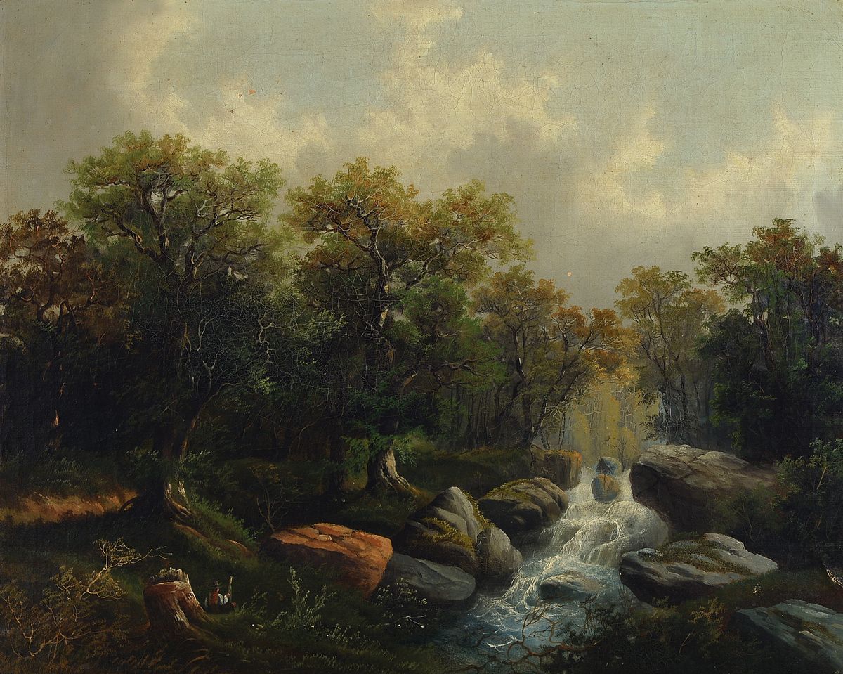 Unbekannter, wohl österreichischer Spätromantiker, um 1870, Waldlandschaft mit Bach und rastendem Wanderer in die Natur integriert, Öl/Lwd., ...