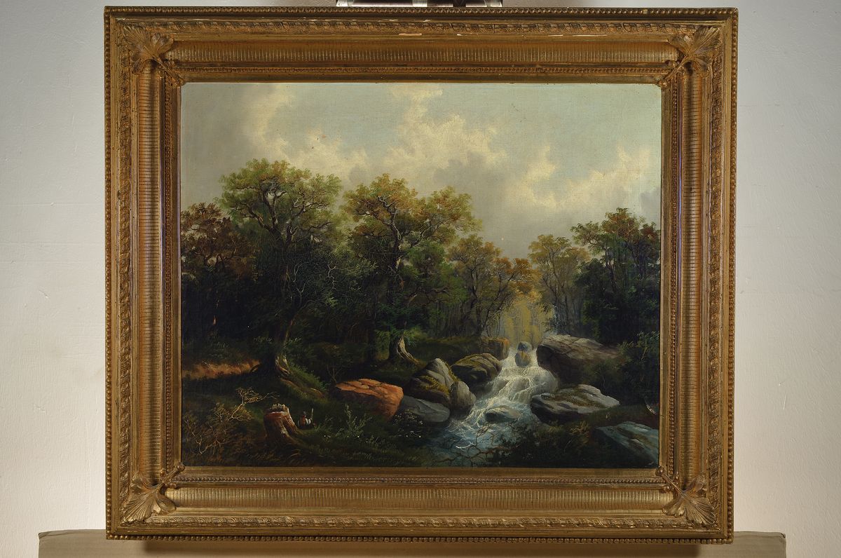 Detail k: Unbekannter, wohl österreichischer Spätromantiker, um 1870, Waldlandschaft mit Bach und rastendem Wanderer in die Natur integriert, Öl/Lwd., ...