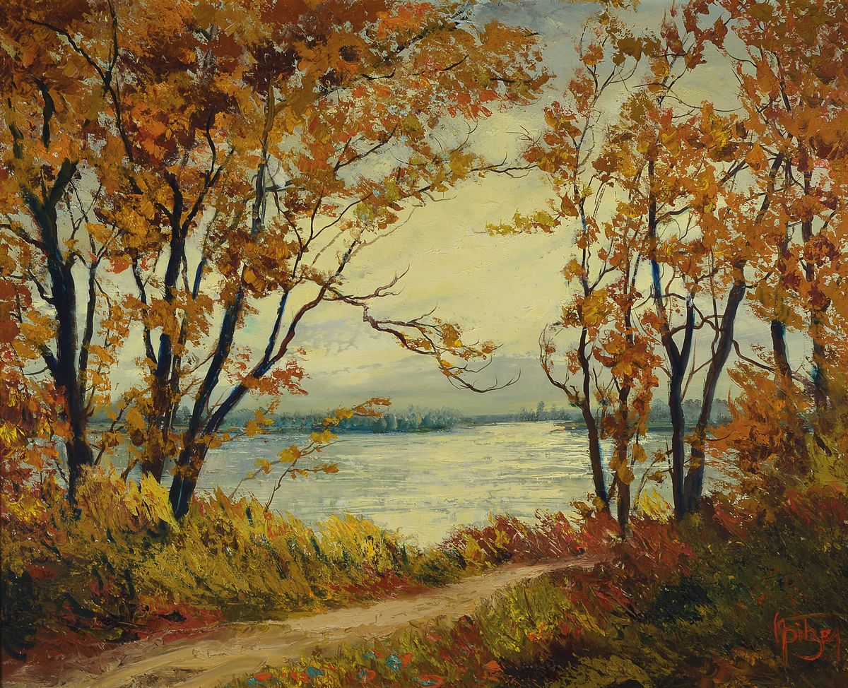 Karl Philipp Spitzer, 1887-1954 Speyer, Altrheinlandschaft im Herbst, Öl/Platte, re. u. signiert, ca. 82 x 100 cm, Altersspuren, profilierter ...