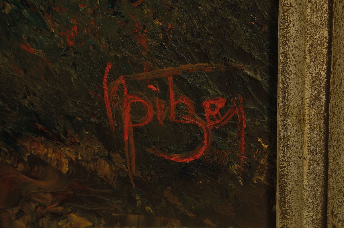 Detail a: Karl Philipp Spitzer, 1887-1954 Speyer, Altrheinlandschaft im Herbst, Öl/Platte, re. u. signiert, ca. 82 x 100 cm, Altersspuren, profilierter ...