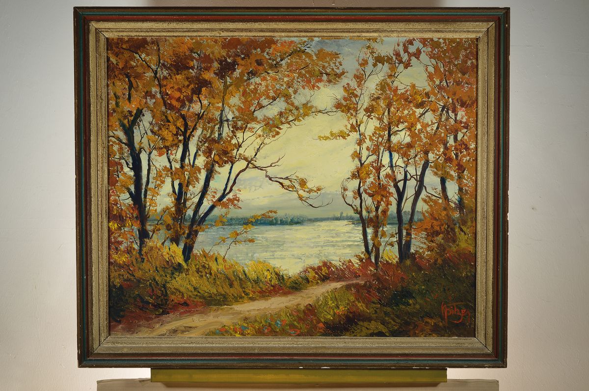 Detail k: Karl Philipp Spitzer, 1887-1954 Speyer, Altrheinlandschaft im Herbst, Öl/Platte, re. u. signiert, ca. 82 x 100 cm, Altersspuren, profilierter ...