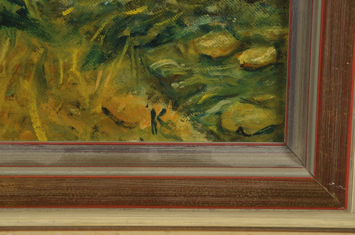 Detail a: Monogrammist KW, wohl 20/30er Jahre, Mädchen am Bach beim Blumenpflücken, Öl/Lwd, restauriert, re. u. monogrammiert K.W., auf Platte aufgezogen, ...