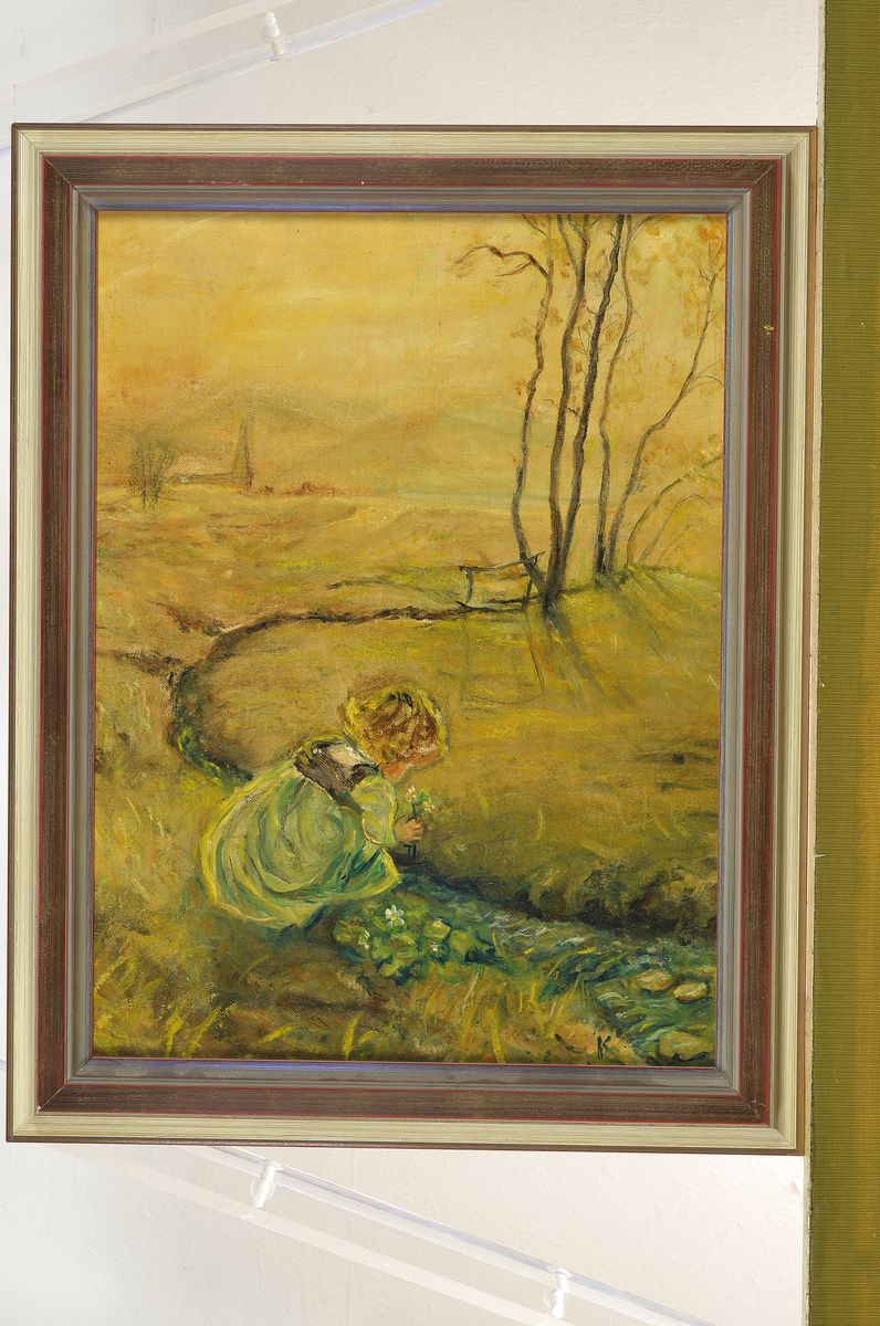 Detail k: Monogrammist KW, wohl 20/30er Jahre, Mädchen am Bach beim Blumenpflücken, Öl/Lwd, restauriert, re. u. monogrammiert K.W., auf Platte aufgezogen, ...