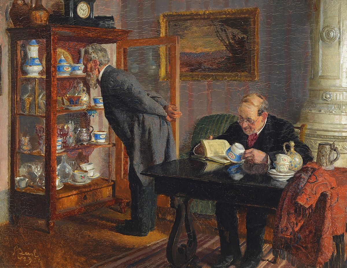 Adolf Reich, 1887 Wien - Salzburg 1963, Interieur mit zwei Porzellansammler beim Bestimmen der Manufakturen mit einem Markenlexikon, detailreiche ...