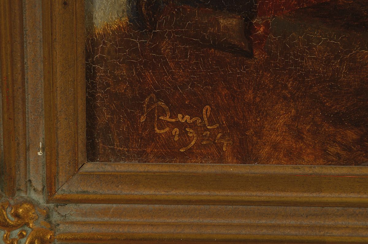Detail a: Adolf Reich, 1887 Wien - Salzburg 1963, Interieur mit zwei Porzellansammler beim Bestimmen der Manufakturen mit einem Markenlexikon, detailreiche ...