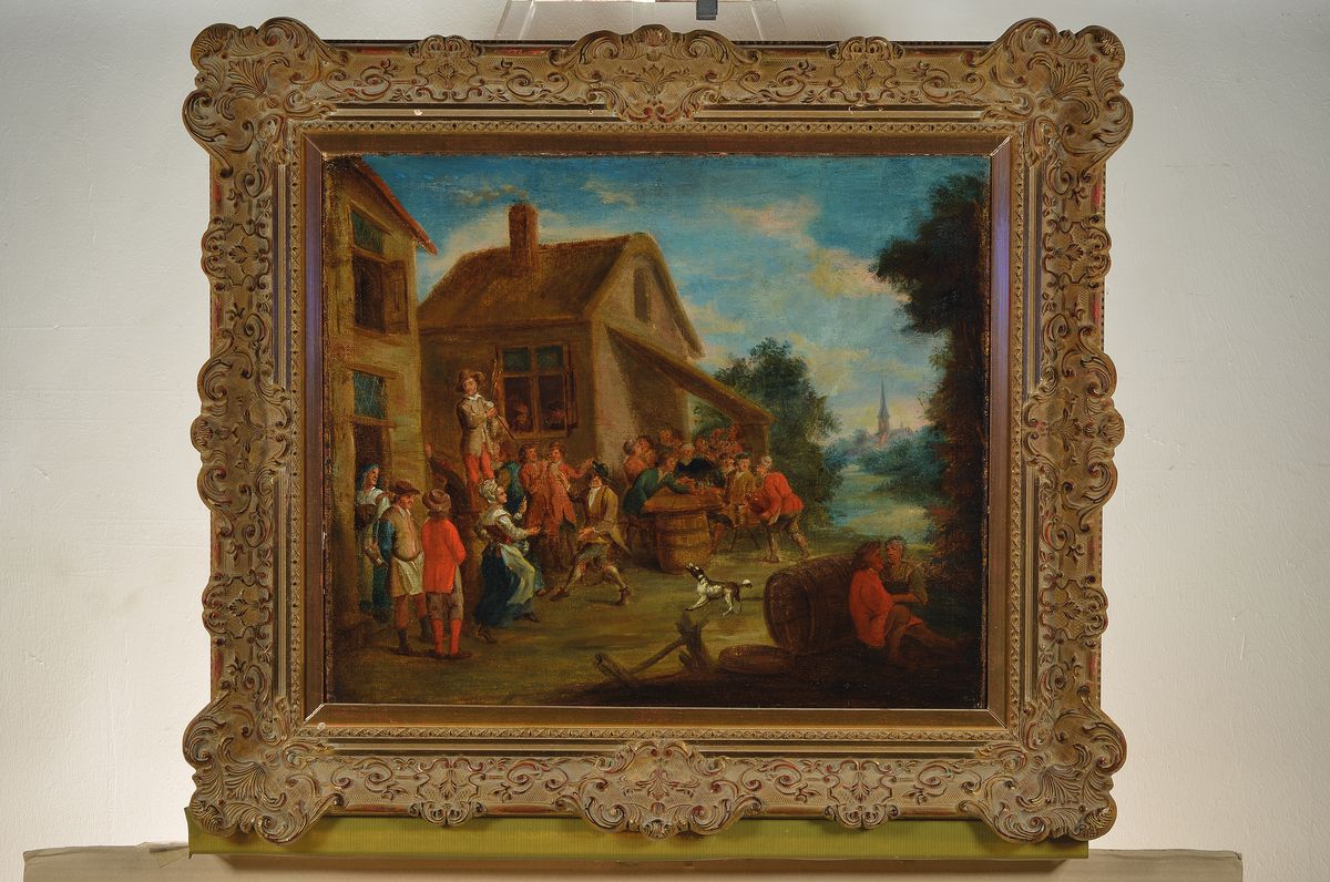Detail k: Niederländischer Künstler, nach Vorbild von David Tenier, frühes 18. Jh., Kirchweih, vielfigurige Szenerie mit tanzenden und feiernden Personen, ...