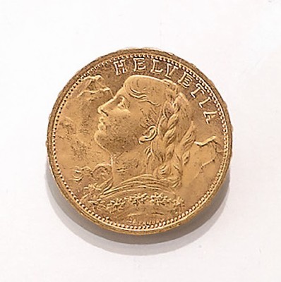 Goldmünze, 20 Franken, Schweiz, 1927,  sogn. Vreneli, Helvetia, Prägemarke B