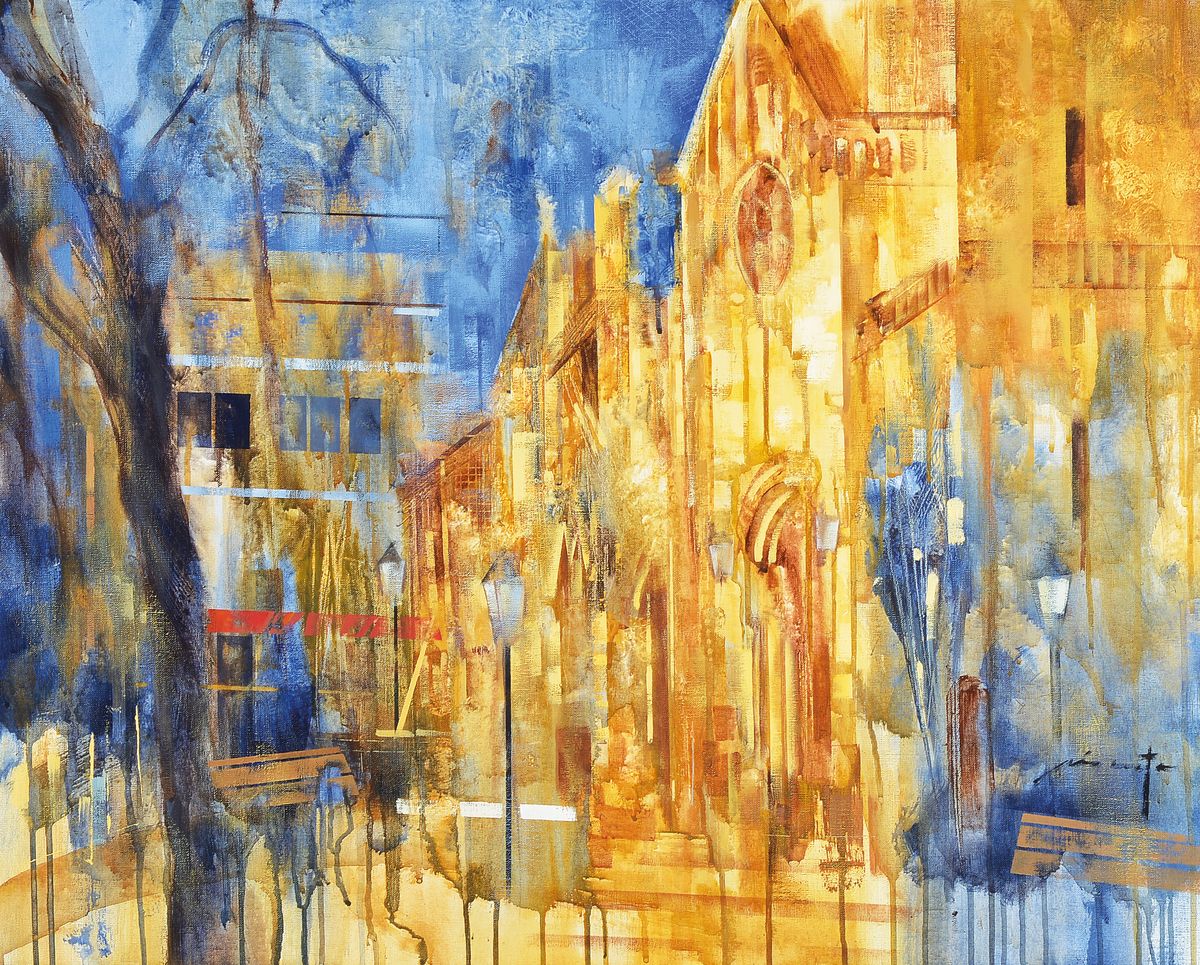 Pio Costa, geboren 1952 Coruna, Straßenansicht wohl in Barcelona, re. signiert, Acryl/Lwd, rückseitig mit Galeriestempel Sala D'Art, auf ...