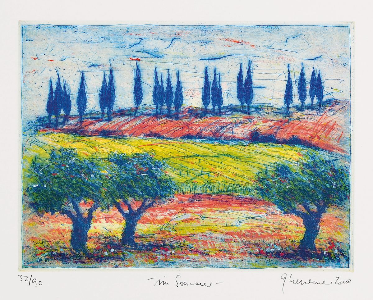 Gerhard Messemer, geb. 1950 Landau/Pfalz, lebt und arbeitet in Saulheim/Rheinhessen, Titel: Im Sommer, num. 32/90, betitelt, sign., unter Glas ...