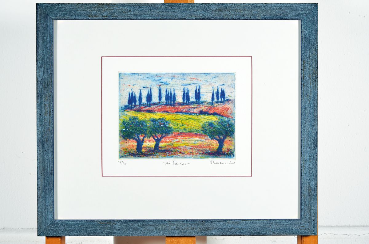 Detail k: Gerhard Messemer, geb. 1950 Landau/Pfalz, lebt und arbeitet in Saulheim/Rheinhessen, Titel: Im Sommer, num. 32/90, betitelt, sign., unter Glas ...