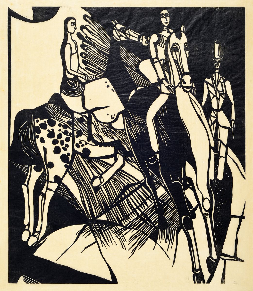 Heinrich Campendonk, 1889-1957, Holzschnitt,abstrakte Figurenkomposition mit Reitern auf Pferden, Passepartout, Motivgrösse ca. 35x31.5cm, ...