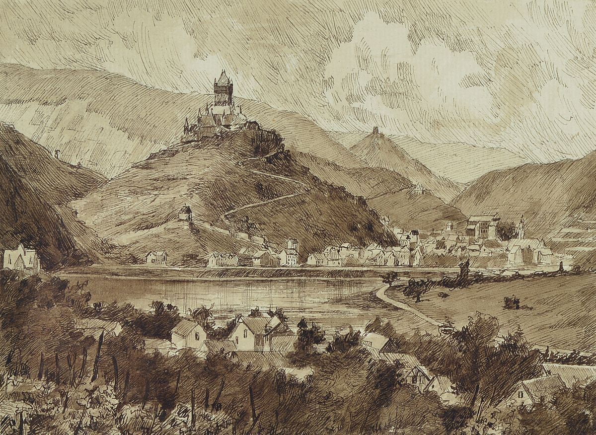 Bernhard Karl Julius Mannfeld, 1848-1925, Blick auf Cochem an der Mosel, Tuschfeder- Zeichnung auf Papier, ca. 11x16cm, PP, u.Gl., R. ca. 22x27cm