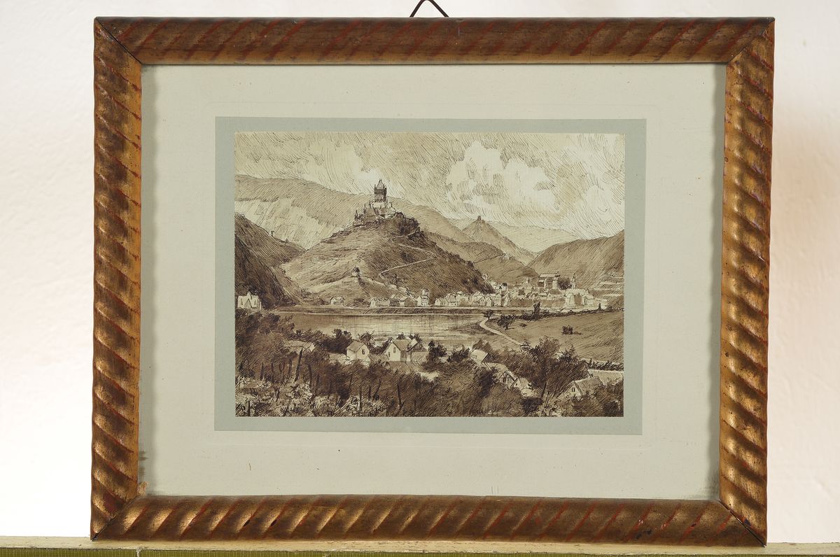 Detail k: Bernhard Karl Julius Mannfeld, 1848-1925, Blick auf Cochem an der Mosel, Tuschfeder- Zeichnung auf Papier, ca. 11x16cm, PP, u.Gl., R. ca. 22x27cm