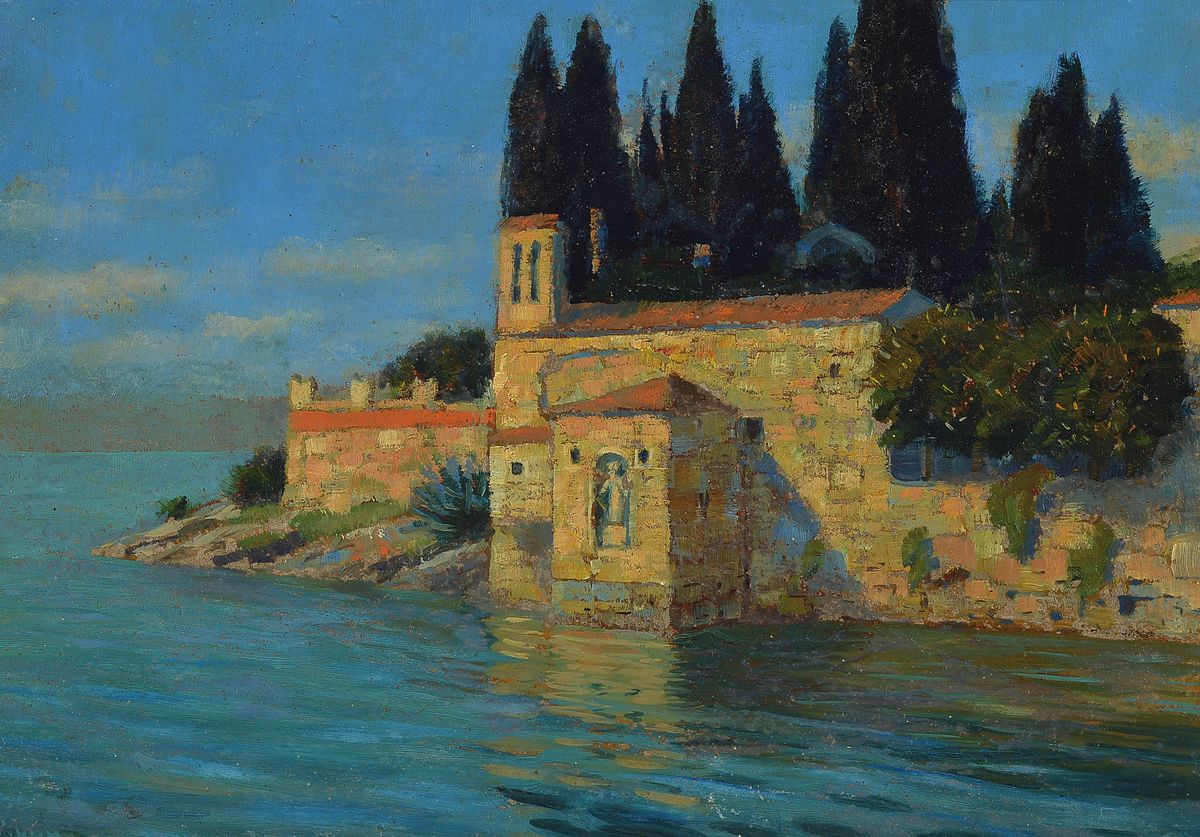 Rudolf Andree, 1887-1970, San Vigilio am Gardasee, Öl/Malkarton, links unten signiert, ca. 24x35cm, R. ca. 33x42cm