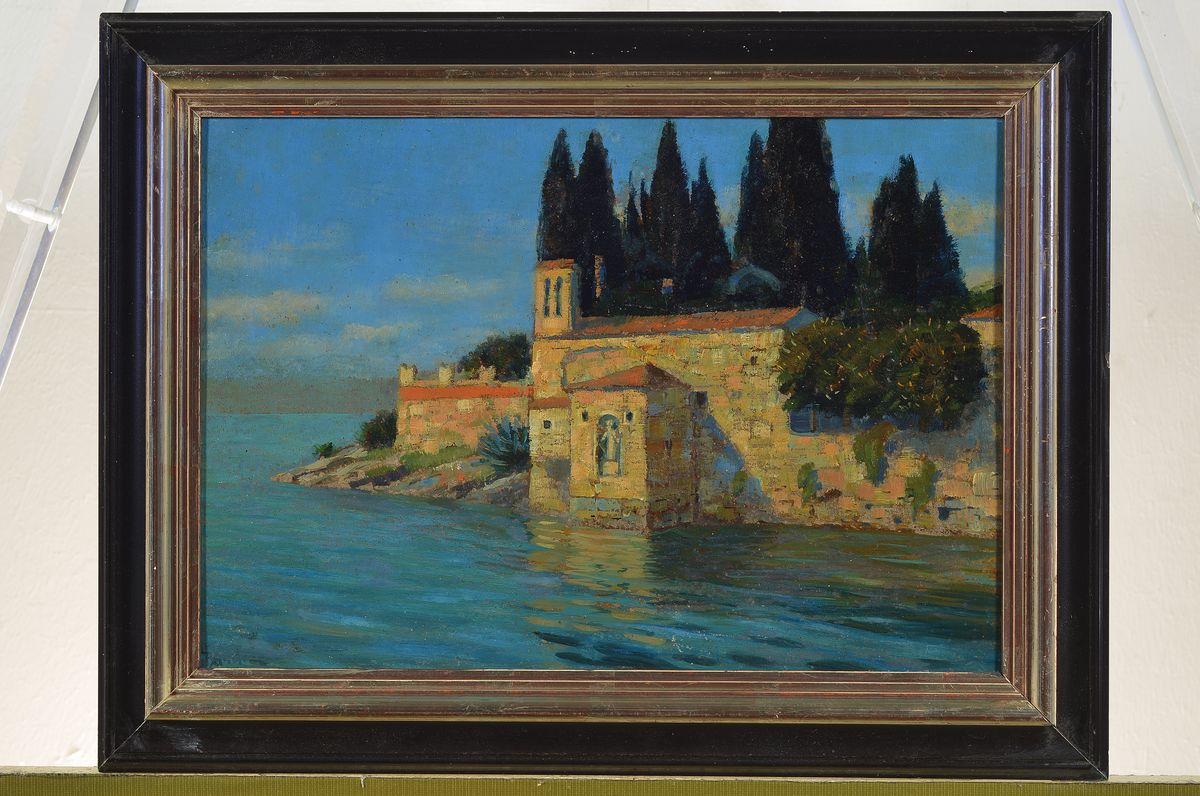 Detail k: Rudolf Andree, 1887-1970, San Vigilio am Gardasee, Öl/Malkarton, links unten signiert, ca. 24x35cm, R. ca. 33x42cm