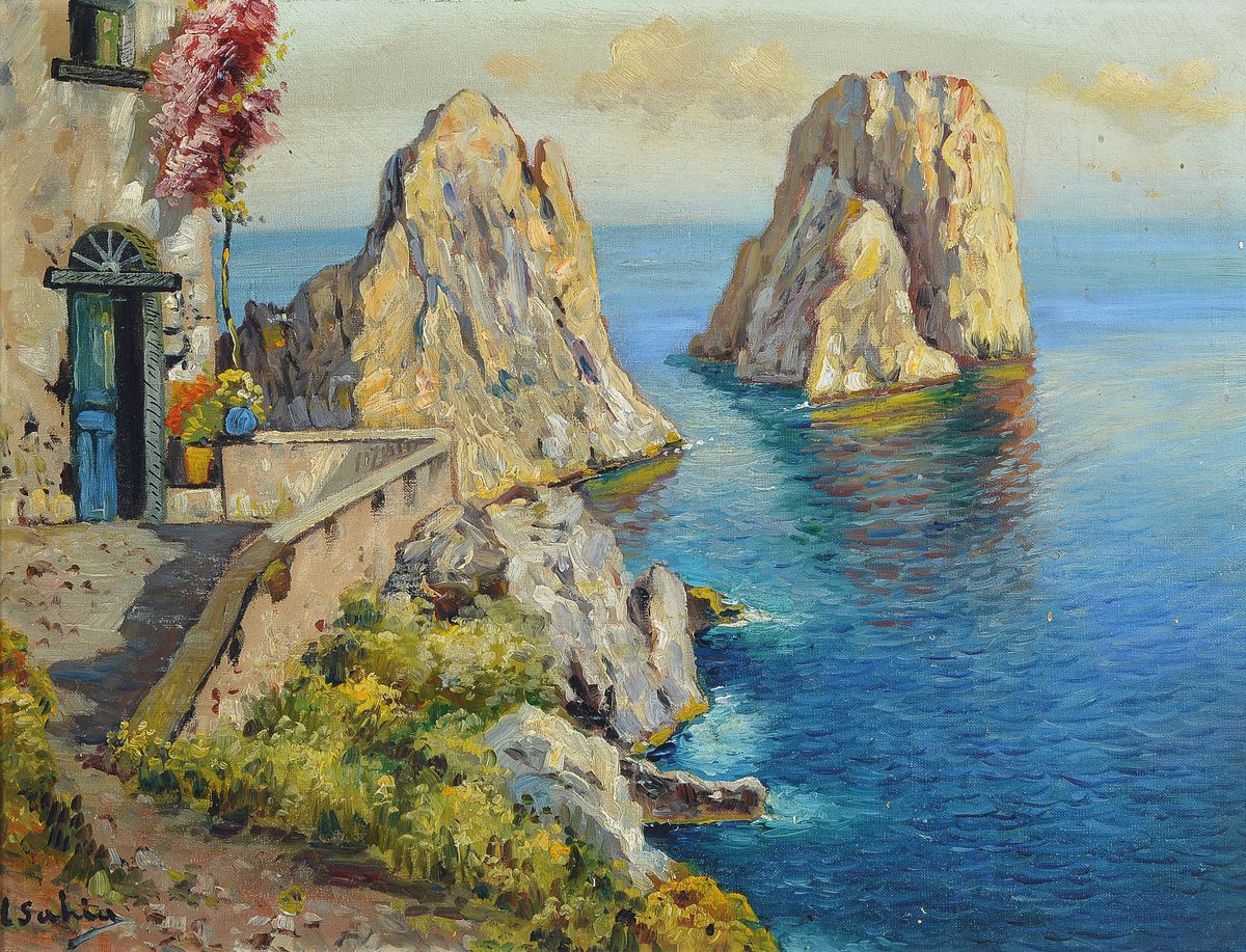 L. Sahia, italienischer Maler, um 1900, Die Faraglioni-Felsen bei Capri, Öl/Malkarton, links unten signiert, ca. 29x39cm, R. ca. 34x43cm