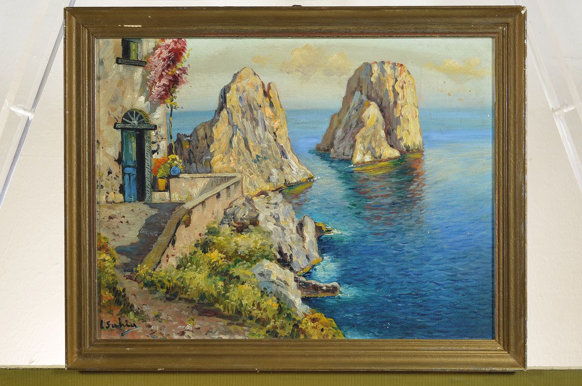 Detail k: L. Sahia, italienischer Maler, um 1900, Die Faraglioni-Felsen bei Capri, Öl/Malkarton, links unten signiert, ca. 29x39cm, R. ca. 34x43cm
