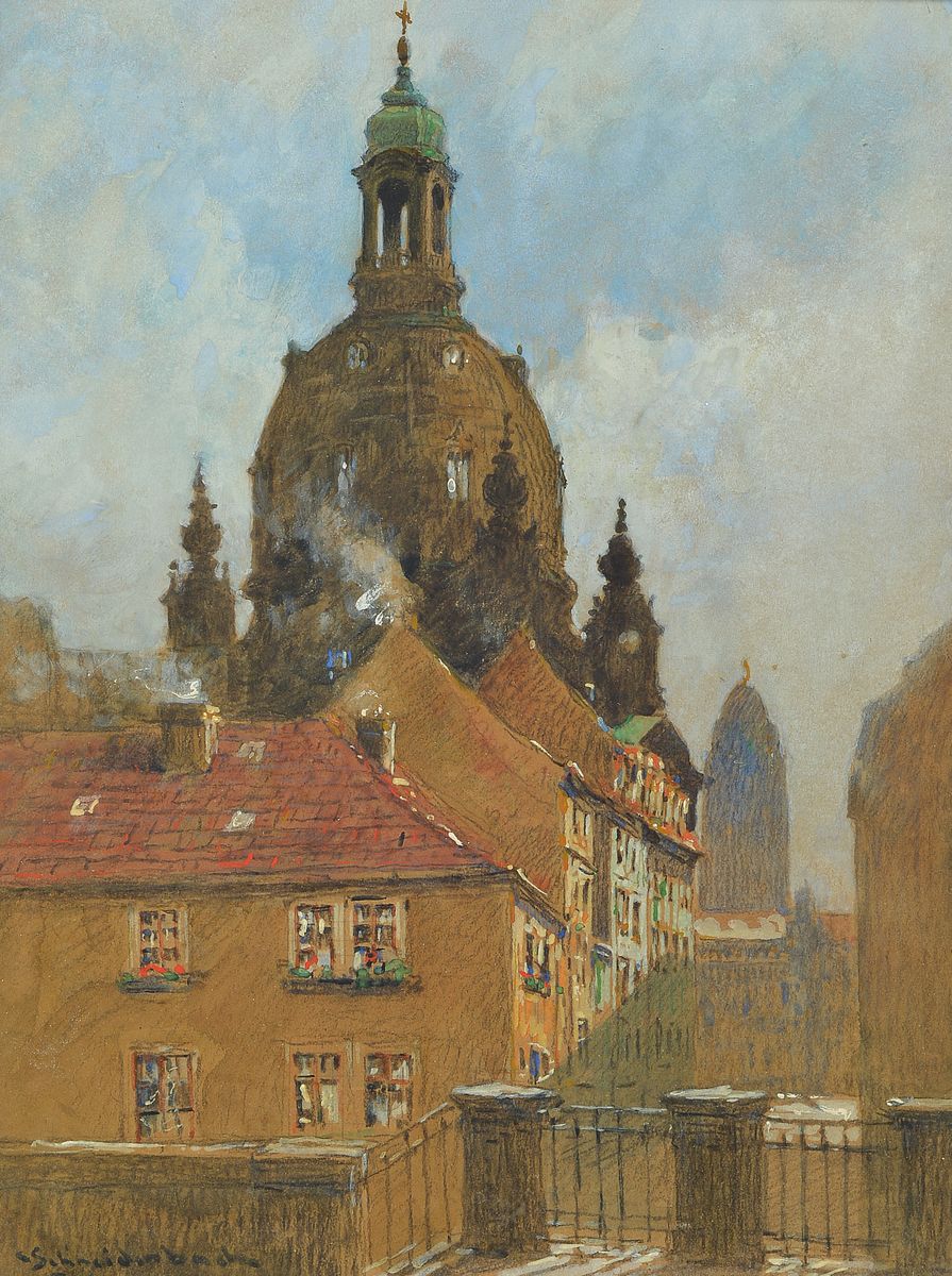 Camillo Schneidenbach, 1867-1951, Blick auf Dresden und die Frauenkirche, Aquarell und Gouache auf Papier, links unten signiert, ca. 32x24cm, u.Gl., ...