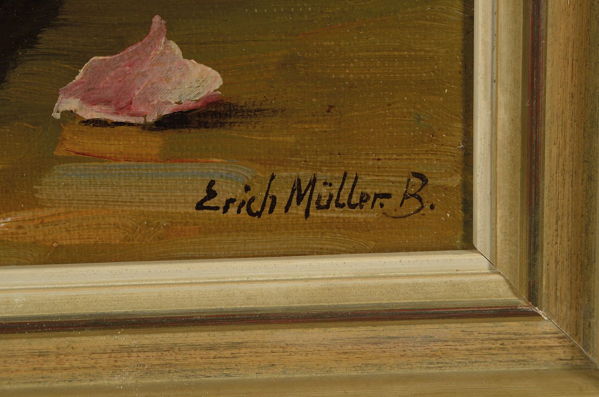Detail a: Erich Martin Müller, 1888-1972, Berliner Maler, Stillleben mit Rosen in Glasvase, Öl/Lwd, rechts unten signiert Erich Müller B., ca. ...