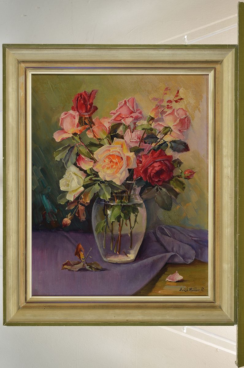 Detail k: Erich Martin Müller, 1888-1972, Berliner Maler, Stillleben mit Rosen in Glasvase, Öl/Lwd, rechts unten signiert Erich Müller B., ca. ...
