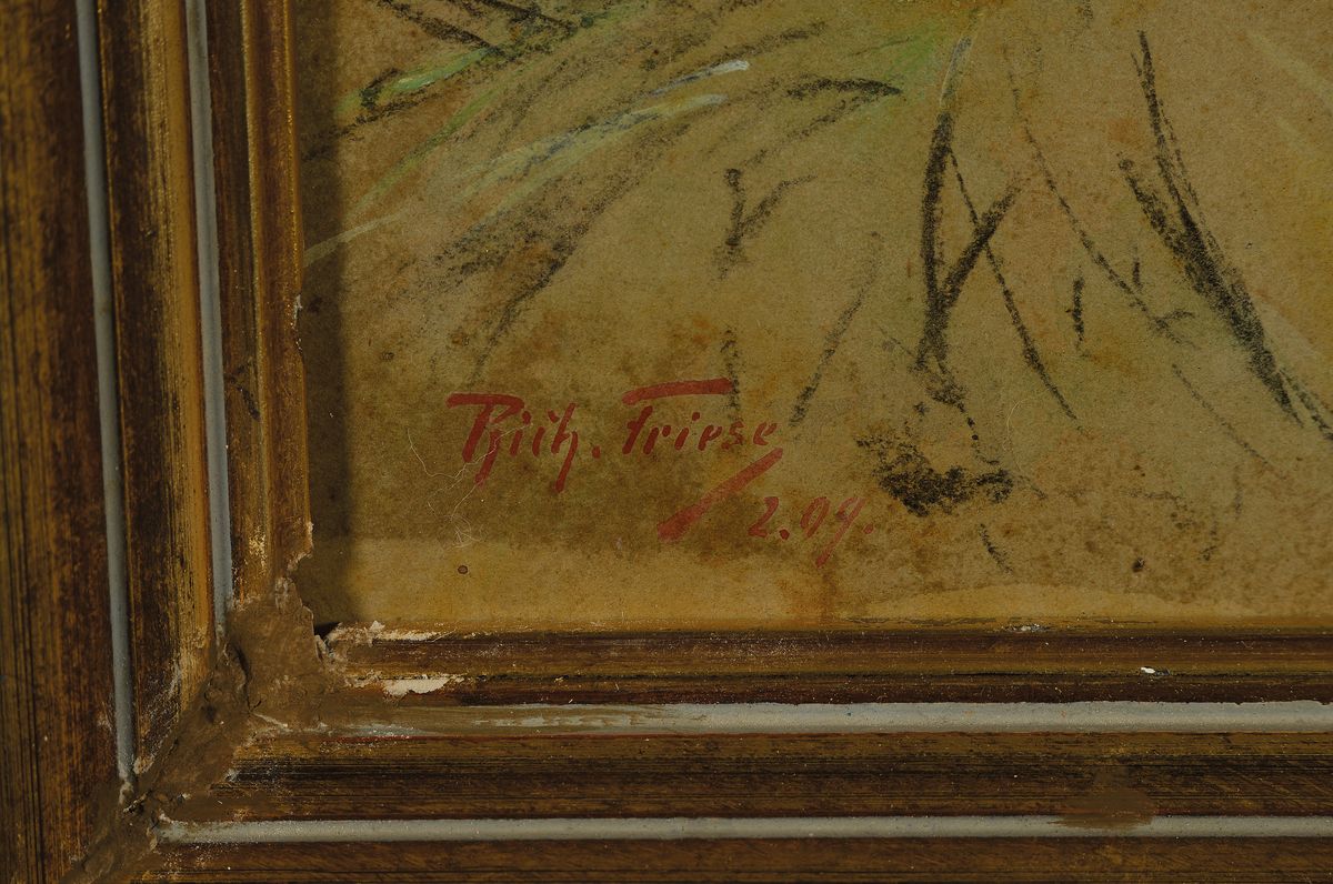 Detail a: Richard Friese, 1854 Gumbinnen-1918 Bad Zwischenahn, liegender Rothirsch im Wald, Öl, Gouache und Kreide auf Malkarton, links unten signiert und ...