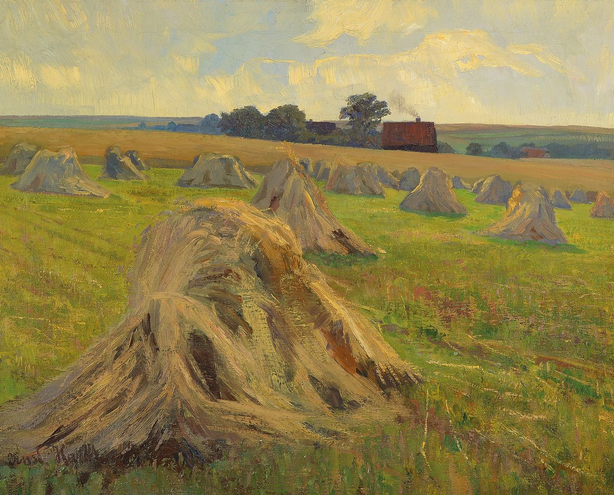 Ernst Hardt, 1869 Köln-1917 Bad Godesberg, Heugarben im Sommer, rückseitig betitelt: Bei Grafenberg, Öl/Lwd, links unten signiert, ca. ...