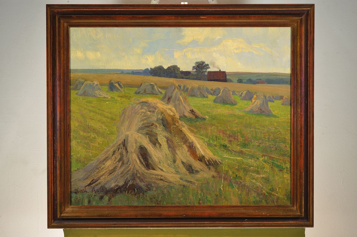 Detail k: Ernst Hardt, 1869 Köln-1917 Bad Godesberg, Heugarben im Sommer, rückseitig betitelt: Bei Grafenberg, Öl/Lwd, links unten signiert, ca. ...
