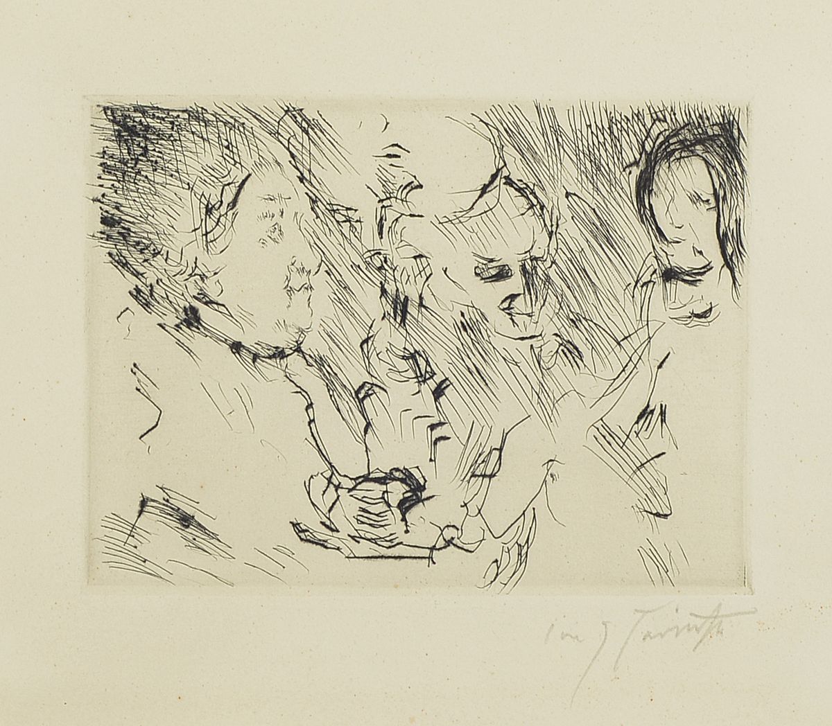 Lovis Corinth, 1858-1925, Kaltnadelradierung auf Velin, drei Frauen (Tochter, Schwiegermutter und Ehefrau des Künstlers) handsigniert, 14 x 18.2 cm, ...