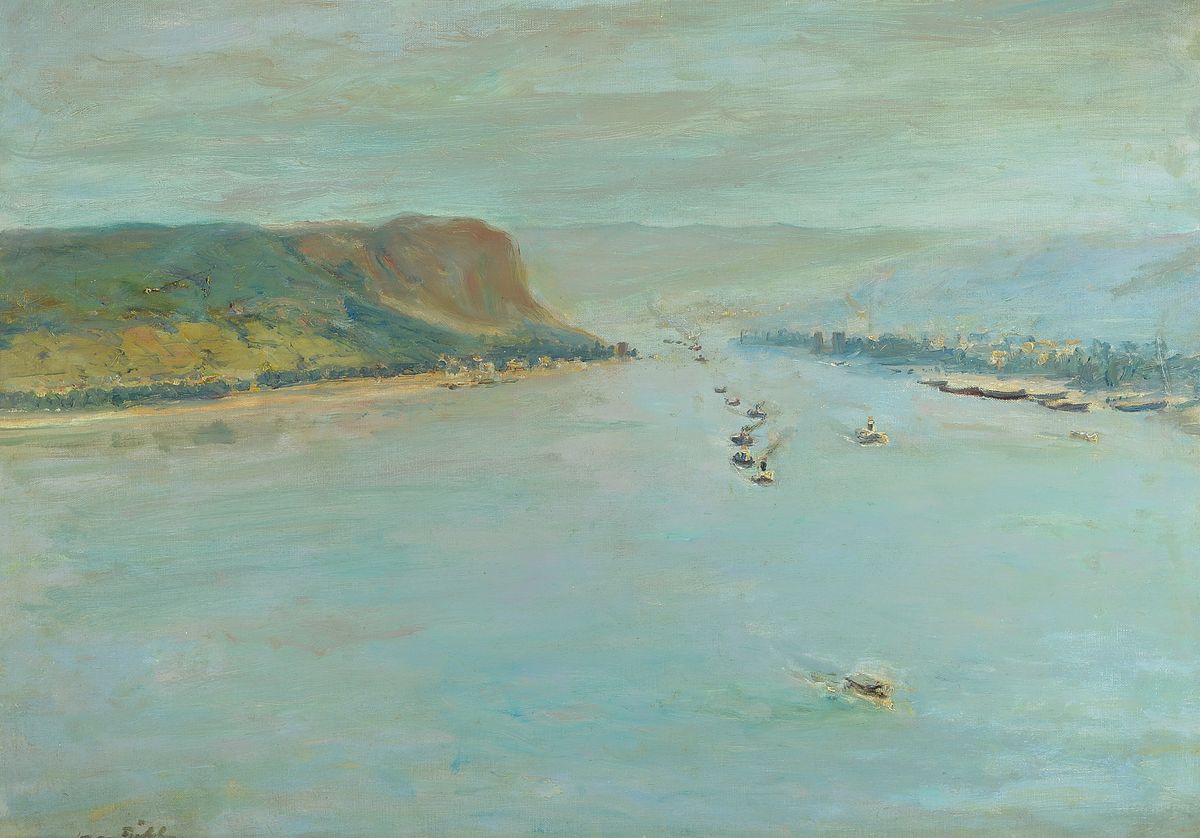Otto Dill, 1884 Neustadt-1957 Bad Dürkheim, große Rheinlandschaft bei Remagen, Öl/Lwd/Karton, hervorragende Tiefenperspektive, feine ...