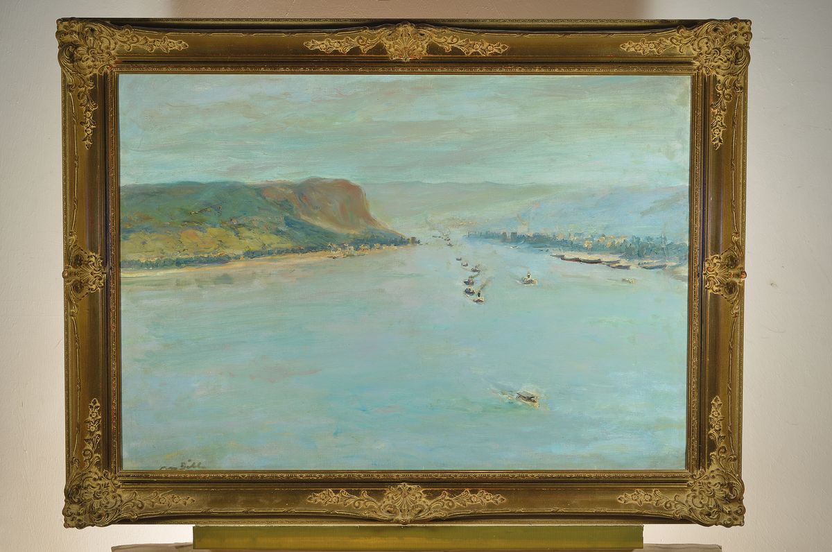Detail k: Otto Dill, 1884 Neustadt-1957 Bad Dürkheim, große Rheinlandschaft bei Remagen, Öl/Lwd/Karton, hervorragende Tiefenperspektive, feine ...