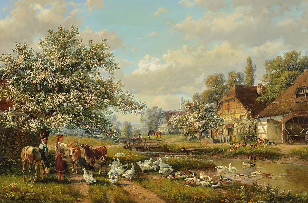 Hubert Kaplan, geb. 1940 München, Hütekinder mit Fleckvieh, Gänsen, Enten vor bäuerlicher Dorfansicht, im Hintergrund Kinder auf der Brücke und ...