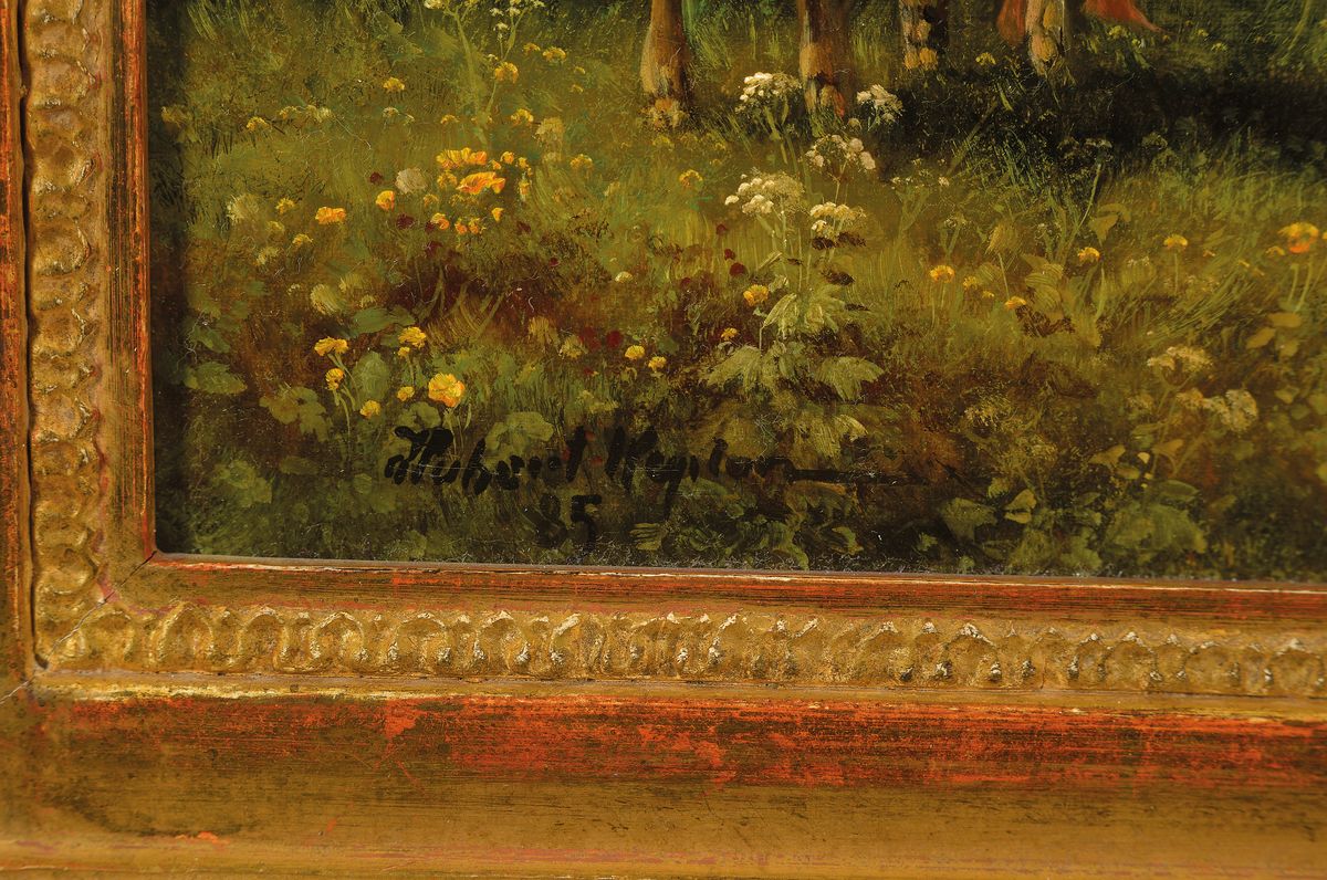 Detail a: Hubert Kaplan, geb. 1940 München, Hütekinder mit Fleckvieh, Gänsen, Enten vor bäuerlicher Dorfansicht, im Hintergrund Kinder auf der Brücke und ...