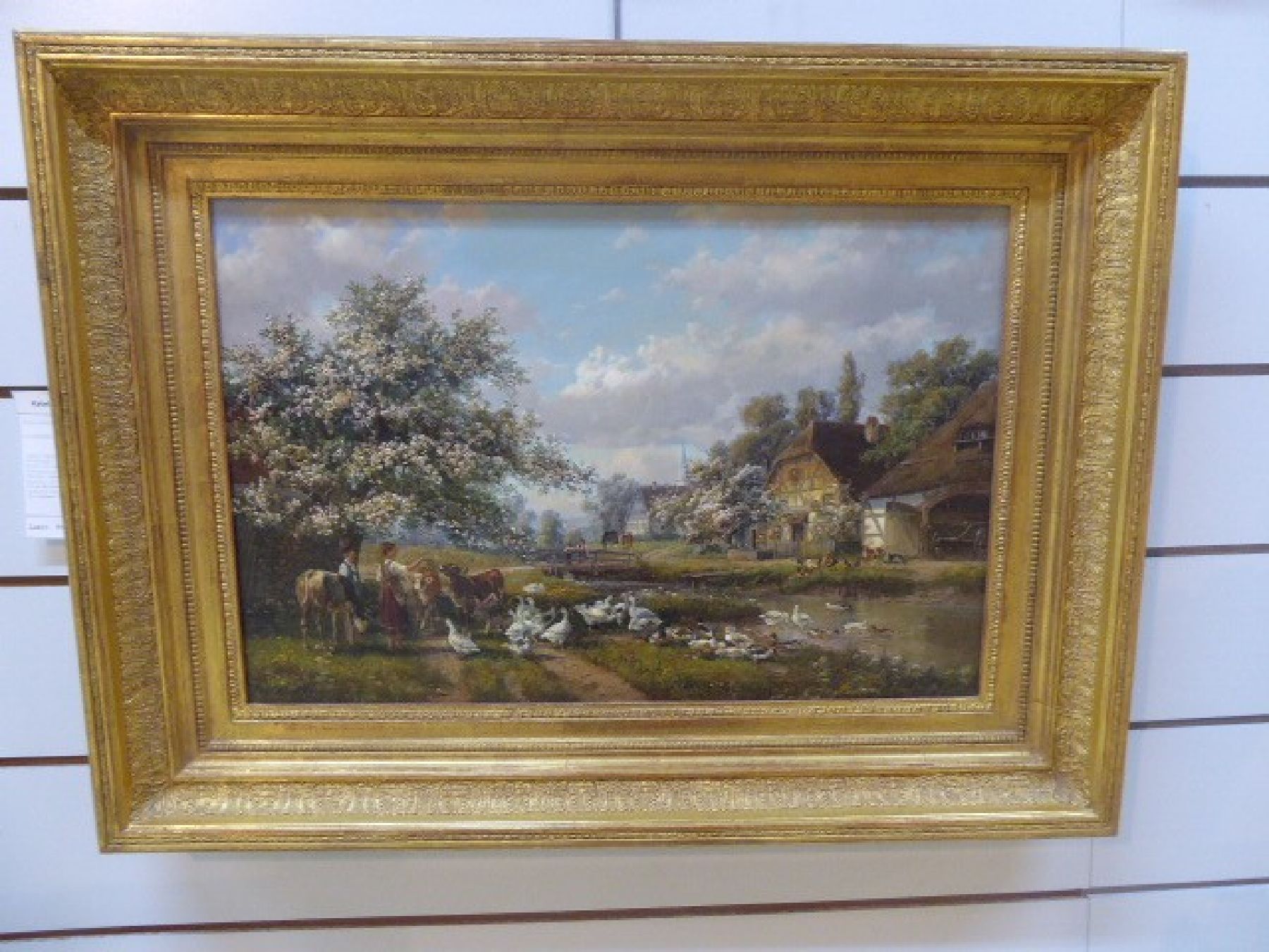Detail b: Hubert Kaplan, geb. 1940 München, Hütekinder mit Fleckvieh, Gänsen, Enten vor bäuerlicher Dorfansicht, im Hintergrund Kinder auf der Brücke und ...