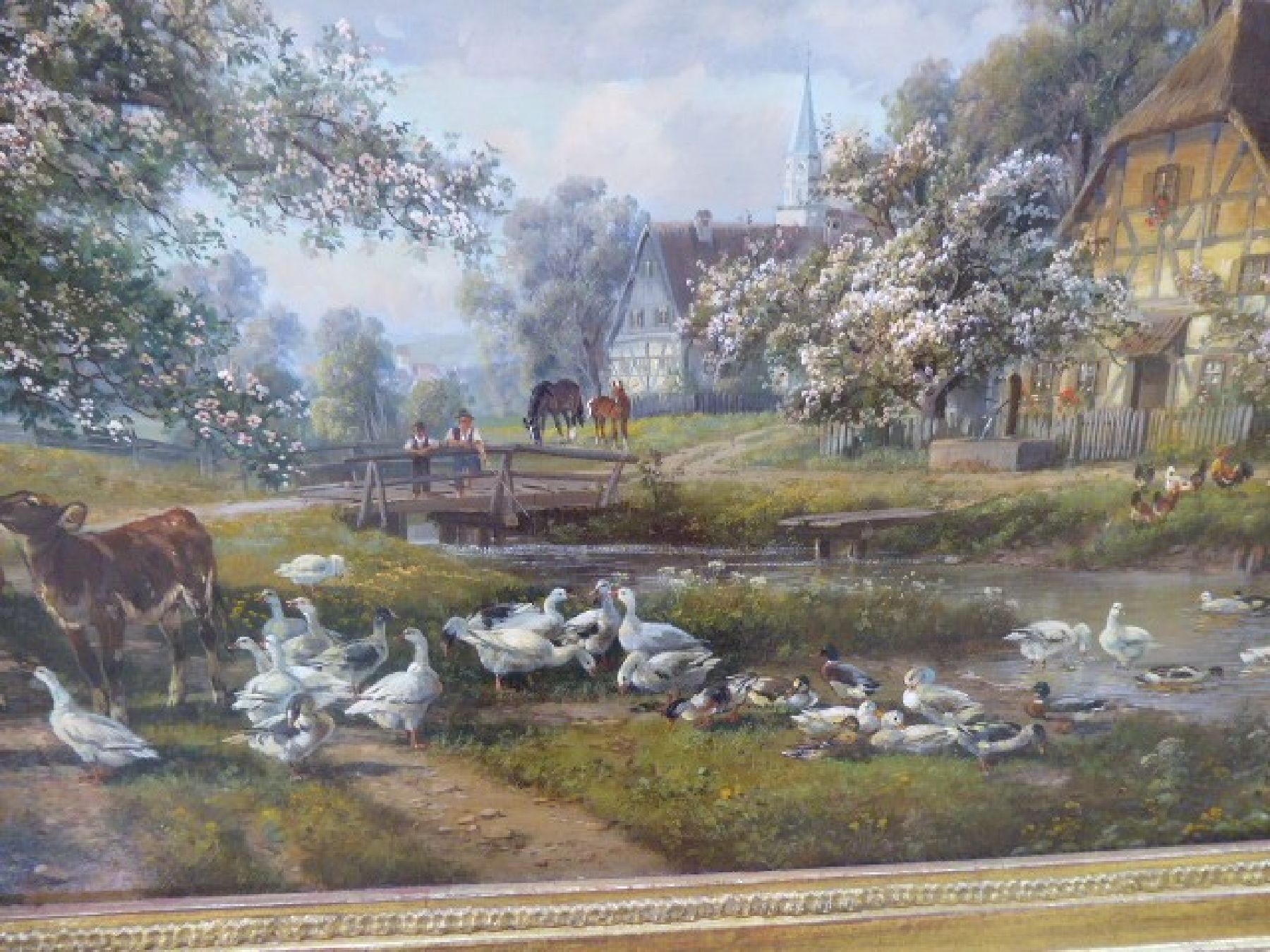 Detail d: Hubert Kaplan, geb. 1940 München, Hütekinder mit Fleckvieh, Gänsen, Enten vor bäuerlicher Dorfansicht, im Hintergrund Kinder auf der Brücke und ...