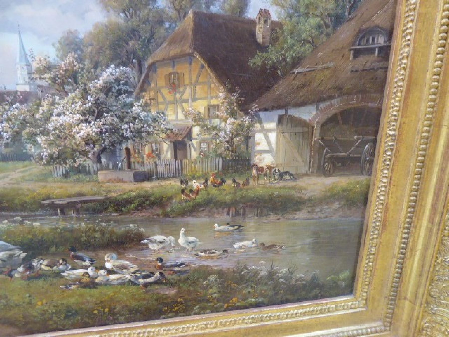 Detail e: Hubert Kaplan, geb. 1940 München, Hütekinder mit Fleckvieh, Gänsen, Enten vor bäuerlicher Dorfansicht, im Hintergrund Kinder auf der Brücke und ...