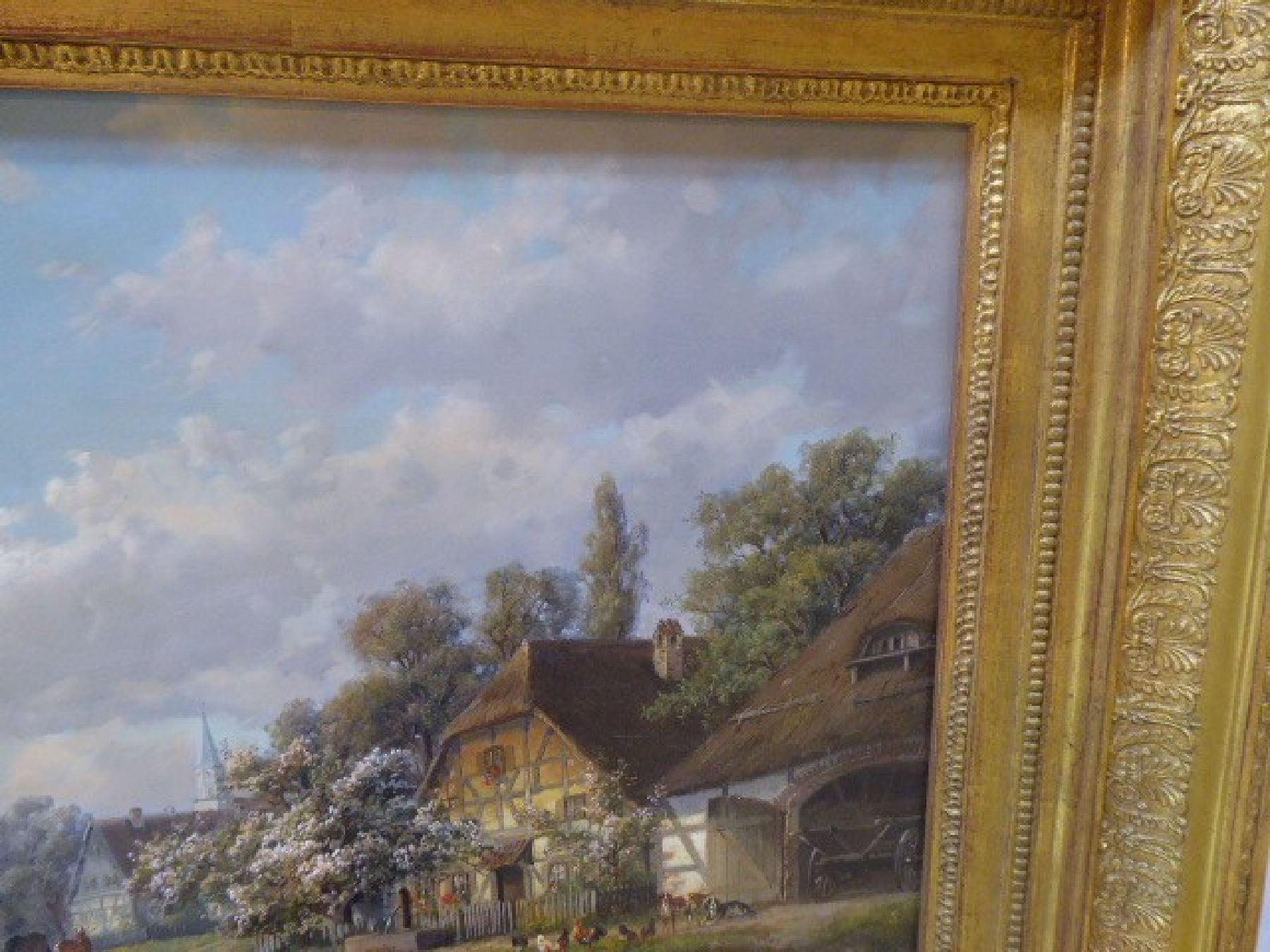 Detail g: Hubert Kaplan, geb. 1940 München, Hütekinder mit Fleckvieh, Gänsen, Enten vor bäuerlicher Dorfansicht, im Hintergrund Kinder auf der Brücke und ...
