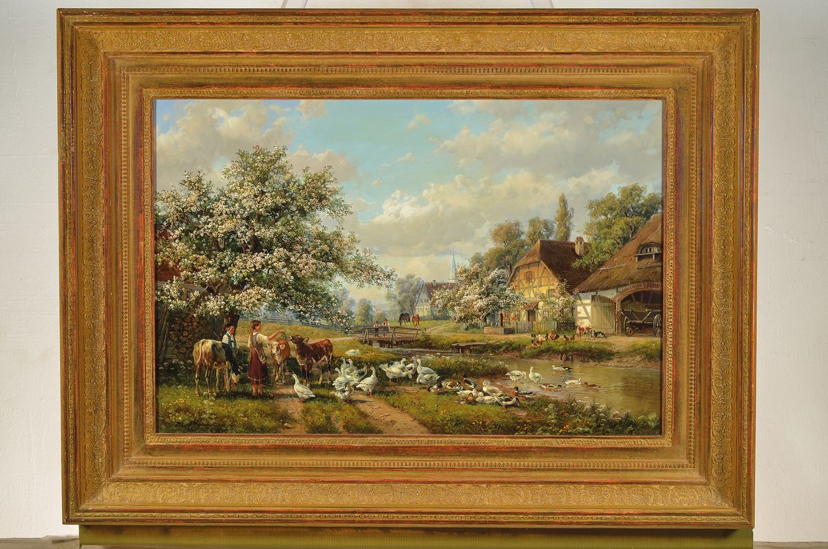 Detail k: Hubert Kaplan, geb. 1940 München, Hütekinder mit Fleckvieh, Gänsen, Enten vor bäuerlicher Dorfansicht, im Hintergrund Kinder auf der Brücke und ...