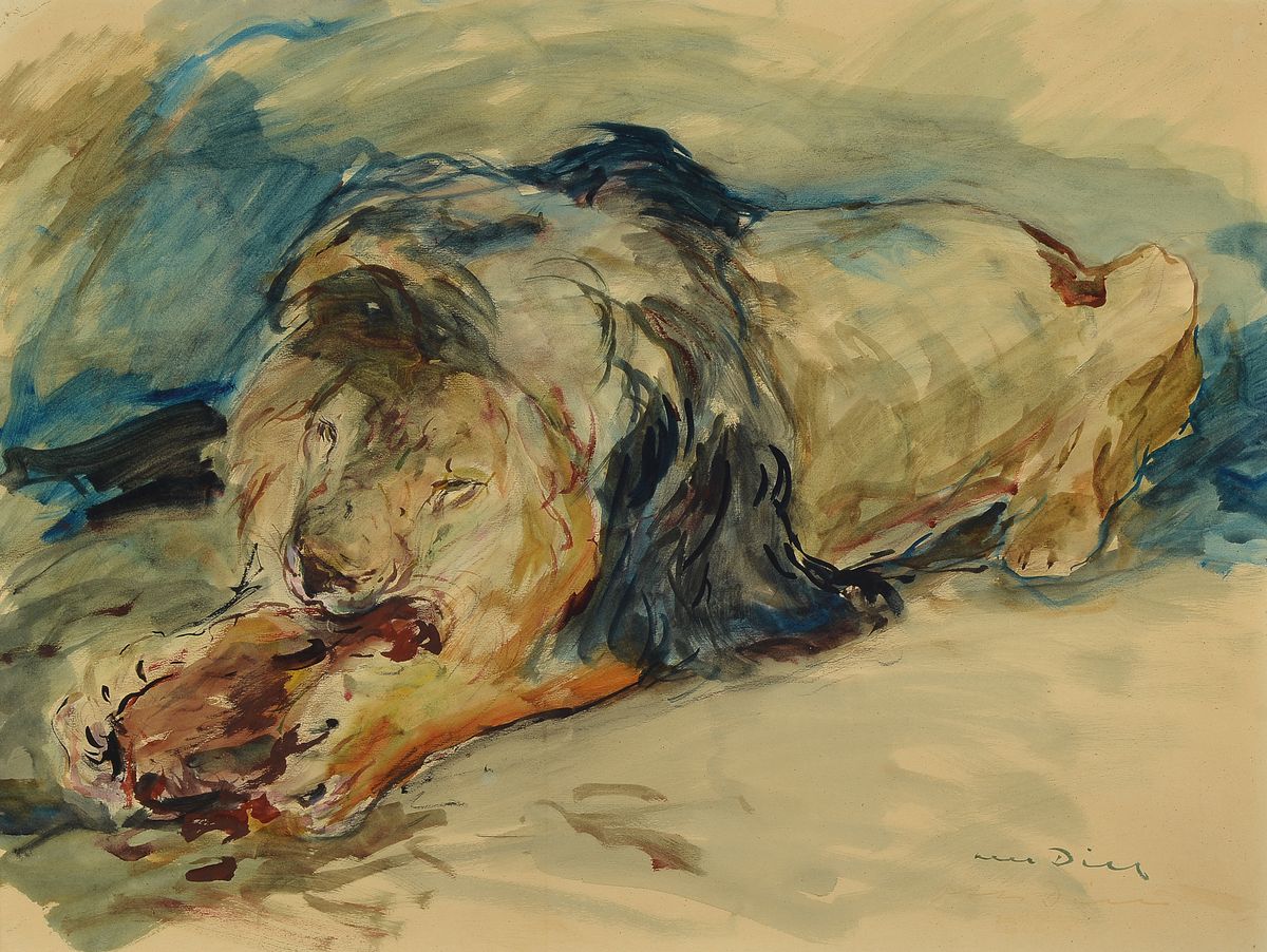 Otto Dill 1884 Neustadt-1957 Bad Dürkheim, fressender Löwe, Aquarell/Papier, u.re. signiert, handschriftlich rückseitig auf dem Rahmen bez. ...