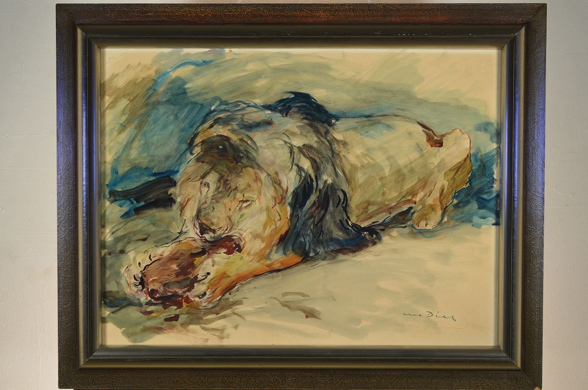 Detail k: Otto Dill 1884 Neustadt-1957 Bad Dürkheim, fressender Löwe, Aquarell/Papier, u.re. signiert, handschriftlich rückseitig auf dem Rahmen bez. ...