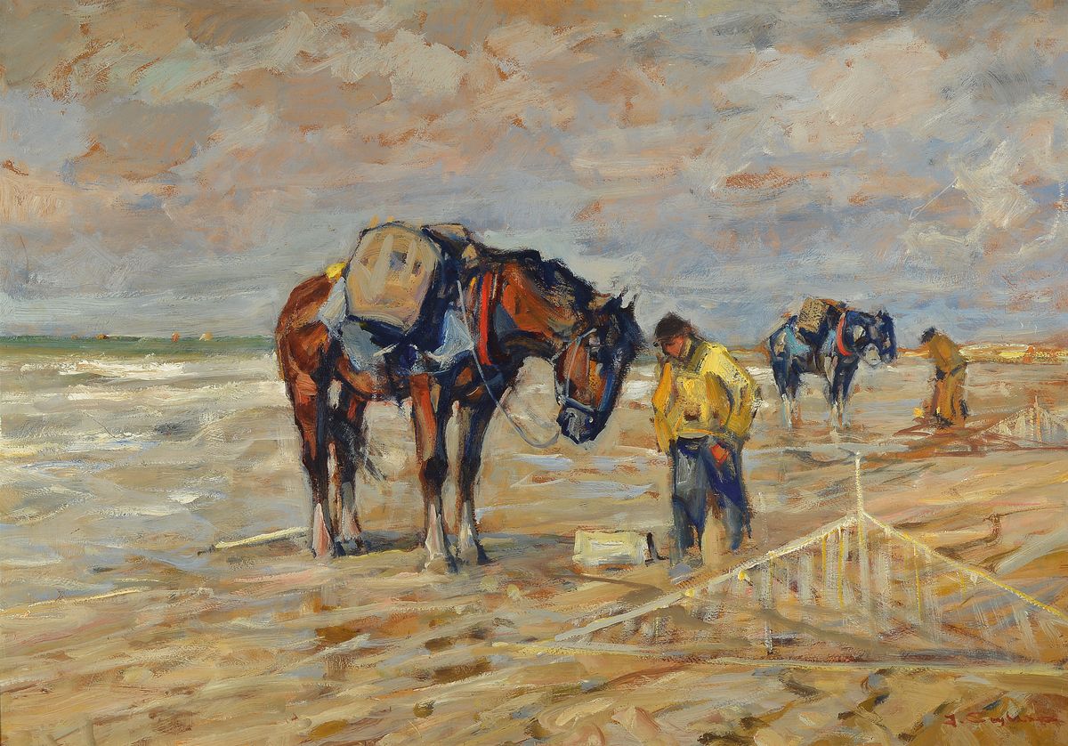 Julius Seyler, 1873 München bis 1955, zwei Fischer mit beladenen Pferden am Strand, gespannte Netze, Öl/Karton, signiert, 70.5 x 100 cm, Rahmen 80 ...