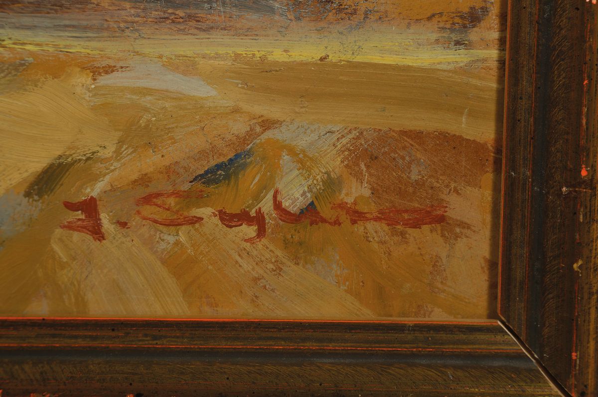 Detail a: Julius Seyler, 1873 München bis 1955, zwei Fischer mit beladenen Pferden am Strand, gespannte Netze, Öl/Karton, signiert, 70.5 x 100 cm, Rahmen 80 ...