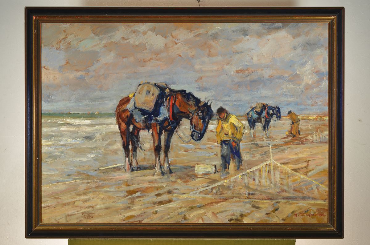 Detail k: Julius Seyler, 1873 München bis 1955, zwei Fischer mit beladenen Pferden am Strand, gespannte Netze, Öl/Karton, signiert, 70.5 x 100 cm, Rahmen 80 ...