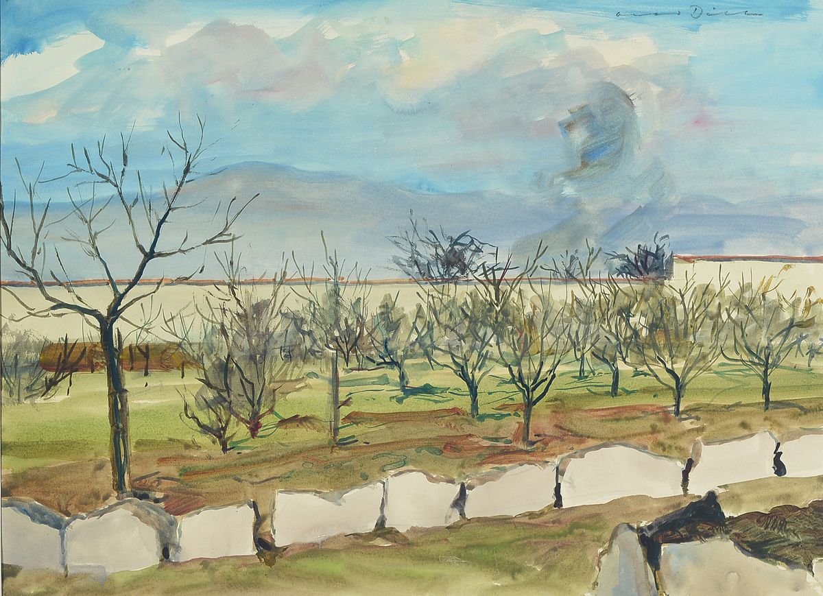 Otto Dill, 1884 Neustadt-1957 Bad Dürkheim, Blick in einen Obstgarten, Aquarell auf Papier, rechts oben signiert, ca. 34x46cm, PP, u.Gl., R. ca. ...