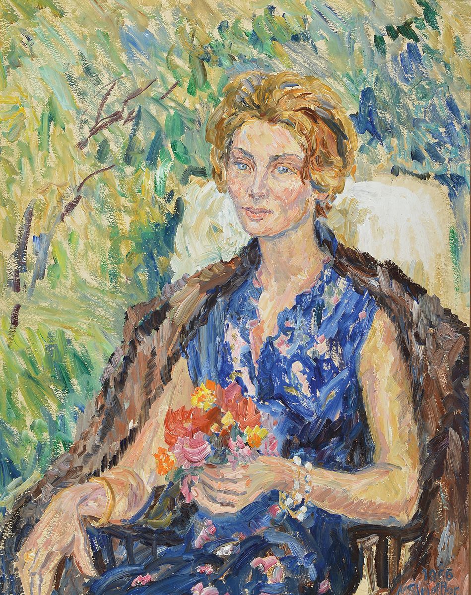 Marie Strieffler, 1917-1987 Landau, Dame in Blau, so rückseitig betitelt, Dreiviertelporträt einer sitzenden Frau im Garten, Öl/Lwd, rechts unten ...