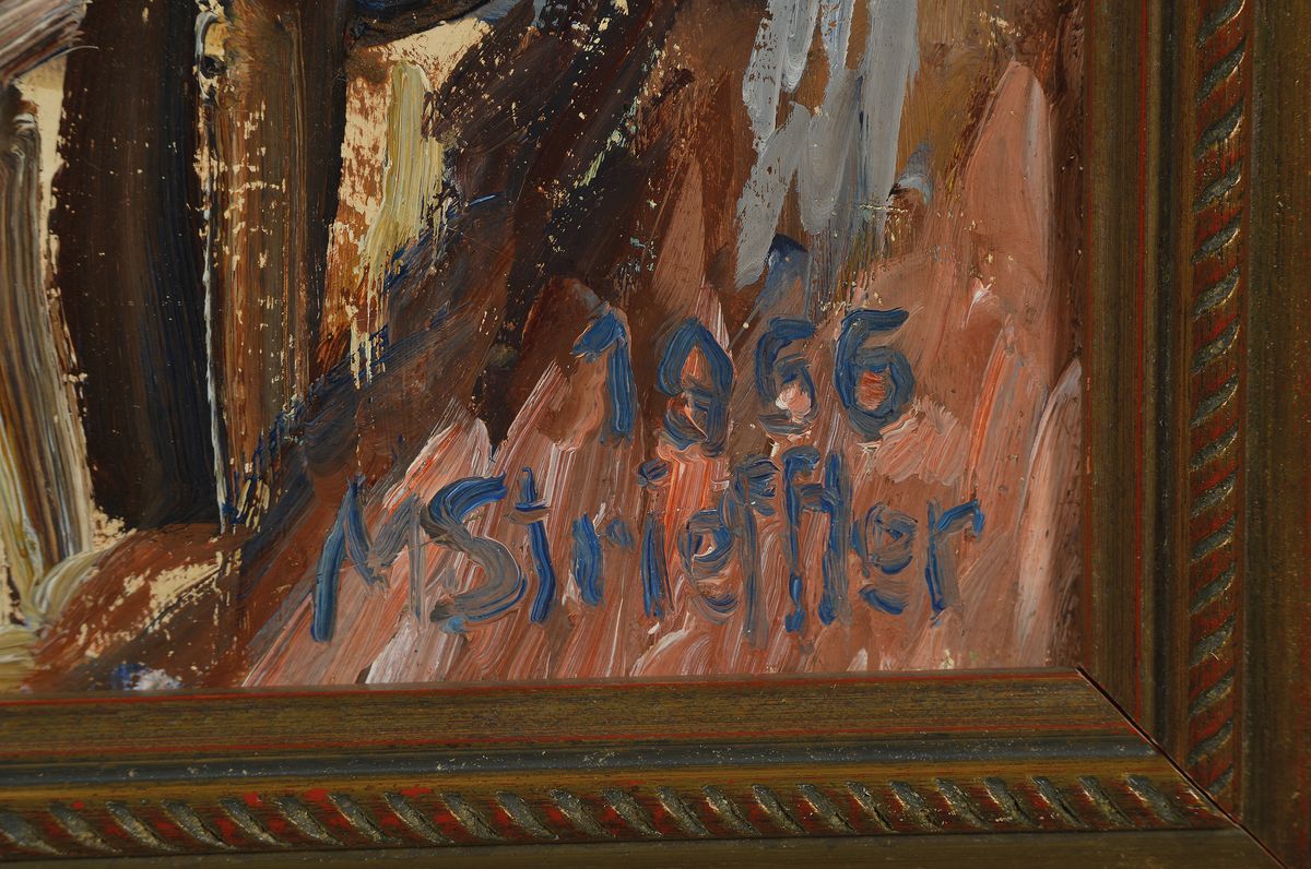 Detail a: Marie Strieffler, 1917-1987 Landau, Dame in Blau, so rückseitig betitelt, Dreiviertelporträt einer sitzenden Frau im Garten, Öl/Lwd, rechts unten ...