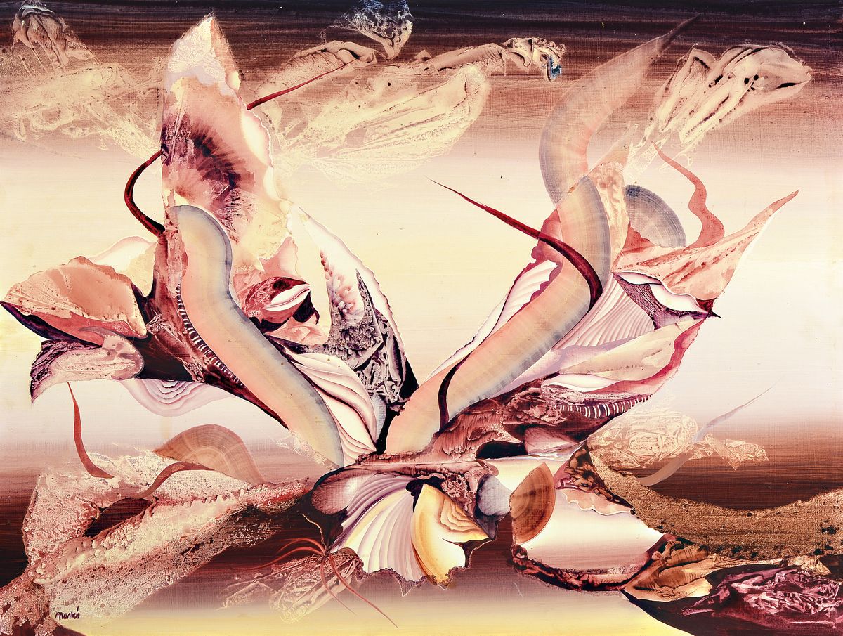 Erzsebet Marko, geb. 1948, Studium an der Akademie Budapest, abstrakte Komposition, Öl/Hartfaser, signiert, ca. 60x80cm, R. ca. 68x88cm